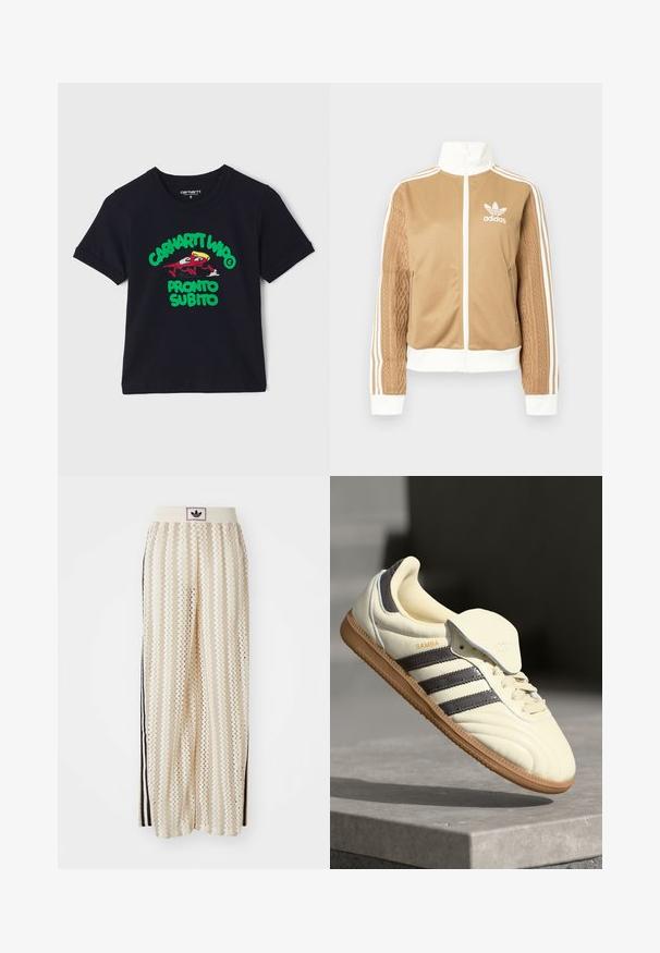 Chaqueta con cremallera en tono marrón y acentos en blanco, con tres rayas blancas en las mangas. Presenta un diseño texturizado tejido en una de las mangas. Logo de Adidas en el pecho.; Camiseta de algodón negra de manga corta, con un gráfico colorido de un personaje de dibujos animados y el texto "CARHARTT WIP PRONTO SUBITO" en verde y rojo.; Pantalones de pierna ancha en color crema con un patrón en zigzag, que cuentan con una cinturilla con logo negro y franjas negras en los laterales. Tejido ligero y texturizado.; Zapatilla de cuero crema con tres rayas oscuras, suela de goma marrón y punta redondeada. Cuenta con una lengüeta plegable etiquetada como "SAMBA".