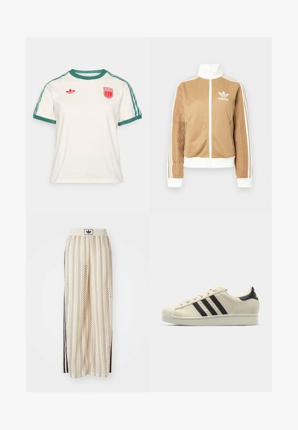Casaco de fecho éclair em tom de bege com detalhes brancos e três riscas brancas nas mangas. Apresenta um design texturizado na trama de uma das mangas. Logotipo da Adidas no peito.; T-shirt de algodão branca com detalhes verdes nas mangas e na gola, apresentando um logótipo vermelho "Adidas" e um emblema circular vermelho bordado "Italia".; Calças largas de cor creme com um padrão em zigzag, apresentando uma cintura com logotipo preto e riscas laterais pretas. Tecido leve e texturizado.; Sapatilhas brancas de couro com riscas pretas, bico redondo, sola de borracha, upper texturizado e sistema de atacadores. Apresentam o logotipo no calcanhar.