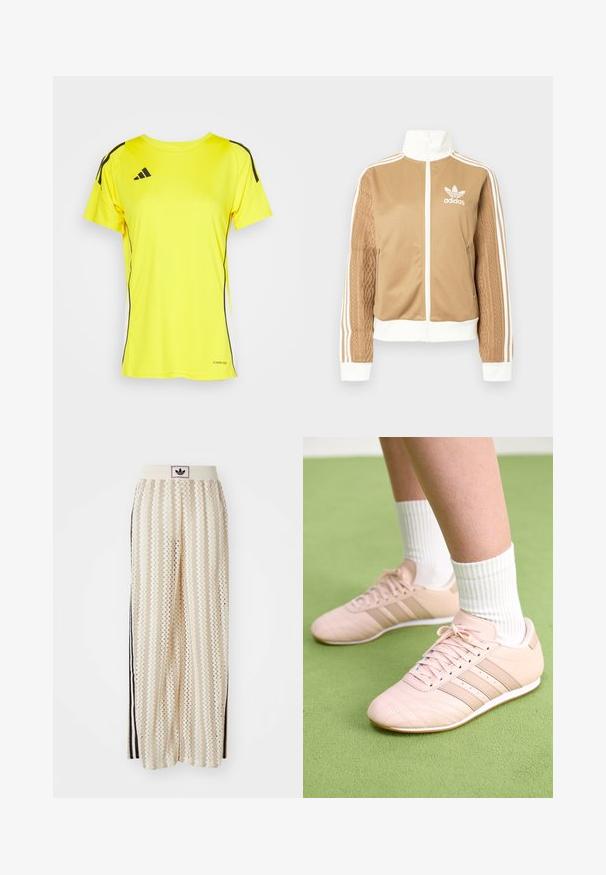 Casaco de fecho éclair em tom de bege com detalhes brancos e três riscas brancas nas mangas. Apresenta um design texturizado na trama de uma das mangas. Logotipo da Adidas no peito.; T-shirt atlético amarelo feito de tecido respirável, com decote redondo, mangas curtas, riscas laterais pretas e detalhe "AEROREADY".; Calças largas de cor creme com um padrão em zigzag, apresentando uma cintura com logotipo preto e riscas laterais pretas. Tecido leve e texturizado.; Ténis atléticos rosa claro com costura diagonal, solas brancas e três riscas laterais. Usados com meias brancas com nervuras sobre uma superfície verde.