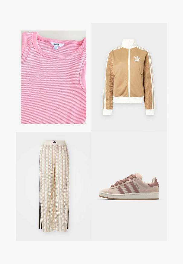 Kraevis sisekavaga jakki valgete aktsentidega ja kolme valge triibuga varrukatel. Ühel varrukal on tekstureeritud kootud muster. Adidas'i logo rinnal.; Heledad roosa ribatud tank top ümara kaelusega, millel on pehme tekstuur ja sujuvad ääred, mille sildil on sees kirjas "NEXT".; Kreemivärvilised lai säärega püksid, millel on siksakmustrit, must logoga vööp ja külgmised mustad triibud. Kerge, tekstureeritud kangas.; Roosa naha sussid, millel on kolm tumedamat roosat triipu, ümarad paelad ja valge vaheosa. Kavandatud mugavust pakkuva pehmendatud kraega.