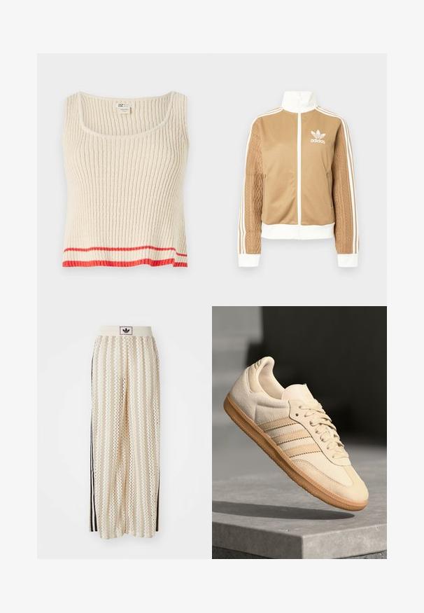 Tan zip-up jack met witte accenten en drie witte strepen op de mouwen. Heeft een gestructureerd geweven ontwerp op één mouw. Adidas-logo op de borst.; Crème-kleurige geribde tanktop met een ronde hals en een rode horizontale streep aan de onderkant. Zachte, gestructureerde stof met een relaxte pasvorm.; Crème kleurige wijde broek met een zigzagpatroon, met een zwarte logo tailleband en zij zwarte strepen. Lichtgewicht, gestructureerde stof.; Lichtbeige suède sneaker met een gumrubberen buitenzool, drie diagonale strepen en een textuur op de neus. Voorzien van een logo op de tong en de zijkant.