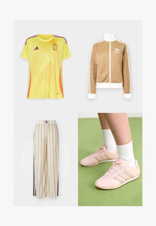 Brun zip-up jakke med hvite detaljer og tre hvite striper på ermene. Har et teksturert vevd design på den ene ermen. Adidas-logo på brystet.; Gul fotbaljersey med gradientmønster, lilla og oransje aksenter, rund halslinning, korte ermer, og logo på brystet. Lett materiale.; Kremfargede bukser med brede ben og zigzag-mønster, med en svart logo-linning og svarte striper på siden. Lett, teksturert stoff.; Lys rosa treningssko med skrå sømmer, hvite såler og tre laterale striper. Brukt med rillede hvite sokker på grønn overflate.