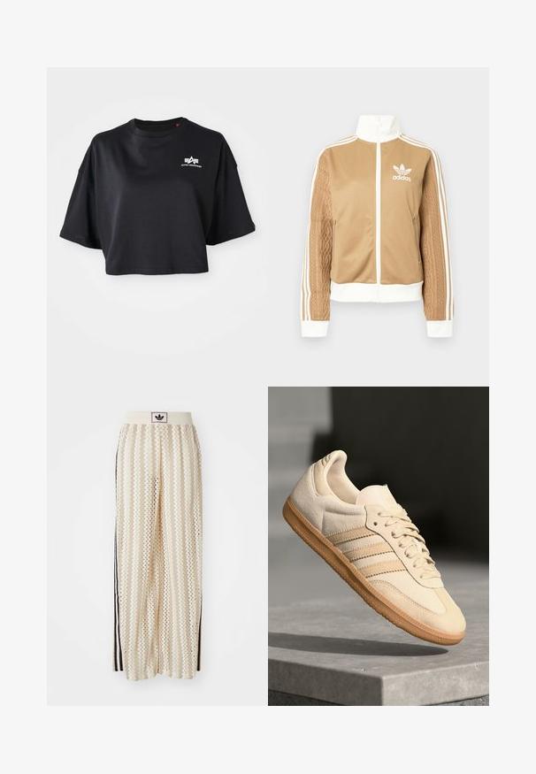Tamni zip-up jakna s bijelim naglascima i tri bijele pruge na rukavima. Ima teksturirani tkaninski uzorak na jednom rukavu. Adidas logo na prsima.; Crni skraćeni majica od pamuka, s okruglim izrezom, kratkim rukavima i bijelim logotipom na prsima. Glatka tekstura.; Pantalone širokog kroja krem boje s zigzag uzorkom, koji sadrži sivi pojas s crnim logotipom i bočne crne pruge. Lagani, teksturirani materijal.; Svijetlosmeđi nubuk tenisice s gumenim potplatom, tri dijagonalne pruge i teksturirani vrh. Sadrži logo na jeziku i bočnoj strani.