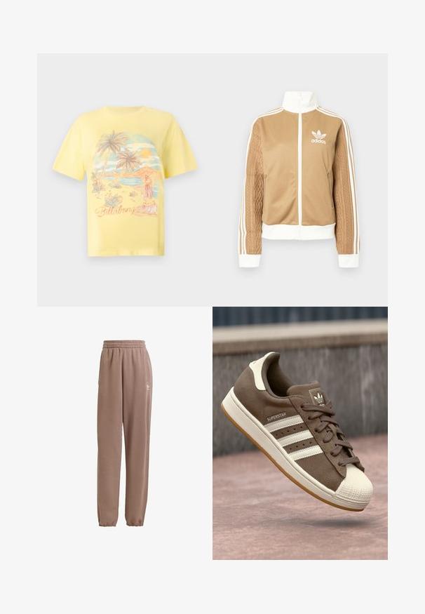 Giacca a zip tan con accenti bianchi e tre strisce bianche sulle maniche. Presenta un design tessuto testo su una manica. Logo Adidas sul petto.; T-shirt di cotone giallo con un'immagine di una scena tropicale di spiaggia, con palme, un tramonto e un'illustrazione di una ballerina hula. "Billabong" in corsivo.; Pantaloni della tuta marroni realizzati in tessuto morbido, dotati di vita elastica, tasche laterali e polsini elastici, con un accento di logo bianco.; Sneaker in suede marrone con strisce bianche, accenti crema e punta in gomma. Presenta un design con lacci e una suola in gomma testurizzata.