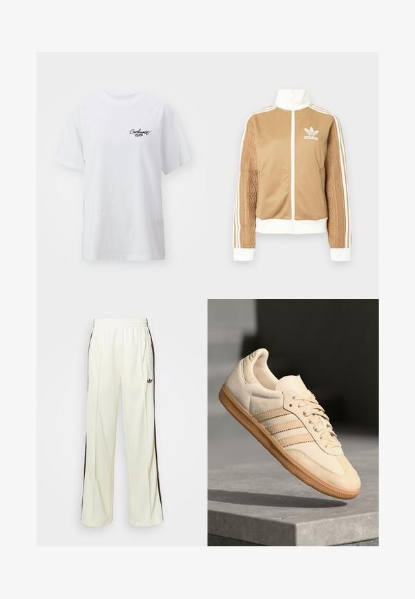 Kraevis sisekavaga jakki valgete aktsentidega ja kolme valge triibuga varrukatel. Ühel varrukal on tekstureeritud kootud muster. Adidas'i logo rinnal.; Valge puuvillane T-särk mugava lõikega. Omab lühikesi varrukaid ja väikest musta "Carhartt WIP" logo vasakul rinnal.; Kreemivärvi lõdvalt istuvad dressipüksid, mis on varustatud tumeda pruuniga külgtriipudega ja vasakul reiel tikitud logoga.; Hele beeži sueded spordijalatsid, millel on kummist välistald, kolm diagonaalset triipu ja tekstuuriga varvaste katus. Omab logo keelel ja külgedel.