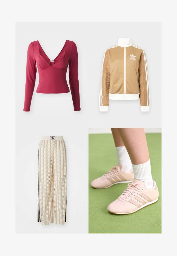 Ruda zip-up striukė su baltais akcentais ir trimis baltais dryžiais ant rankovių. Vienoje rankovėje yra tekstūruotas audinys. Adidas logotipas ant krūtinės.; Ilgas rankovės viršus tamsiai raudonmedžio spalvos, su giliu V-kaklu, aptemptu siluetu, lygiu paviršiumi ir minimaliais siuvimo detalėmis.; Grietos spalvos plačios kelnės su zigzagų raštu, turinčios juodą logotipo juostą ir šonines juodas juosteles. Lengvas, tekstūruotas audinys.; Šviesiai rožiniai sportiniai batai su įstrižai siūtomis detalėmis, baltais pado ir trimis šoninėmis juostomis. Dėvimi su banguotomis baltomis kojinėmis ant žalios paviršiaus.