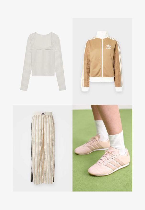 Giacca a zip tan con accenti bianchi e tre strisce bianche sulle maniche. Presenta un design tessuto testo su una manica. Logo Adidas sul petto.; Maglia a maniche lunghe beige chiaro con texture a costine. Presenta un bordo in pizzo e un design corto, con scollatura rotonda e maniche aderenti.; Pantaloni a gamba larga color crema con un motivo a zigzag, dotati di una fascia in vita nera con logo e strisce nere laterali. Tessuto leggero e testurizzato.; Scarpe da ginnastica rosa chiaro con cuciture diagonali, suole bianche e tre strisce laterali. Indossate con calze bianche a coste su una superficie verde.