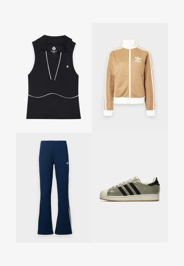 Veste zippée tan avec des accents blancs et trois rayures blanches sur les manches. Présente un design tissé texturé sur une manche. Logo Adidas sur la poitrine.; Polo sans manches noir avec un col en V, des accents de piping blanc, en tissu extensible, et un petit logo sur la poitrine gauche.; Pantalon de survêtement évasé côtelé bleu marine avec des rayures blanches sur les côtés et un logo brodé sur la côté gauche, doté de deux poches latérales.; Baskets Adidas avec un dessus en olive métallique, trois bandes noires, un capuchon en caoutchouc à l'avant, et une semelle en gomme. Design classique avec un tissu texturé.