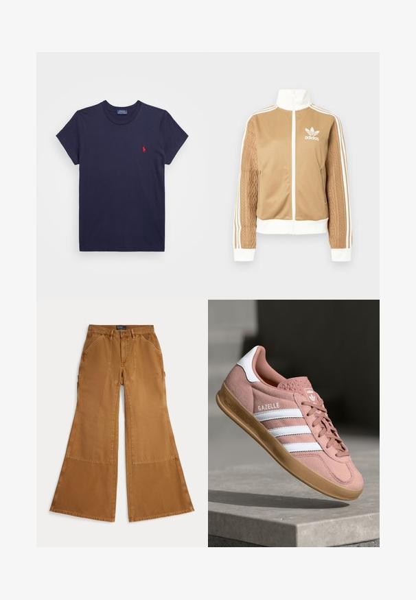 Casaco de fecho éclair em tom de bege com detalhes brancos e três riscas brancas nas mangas. Apresenta um design texturizado na trama de uma das mangas. Logotipo da Adidas no peito.; T-shirt de algodão azul-marinho com mangas curtas e decote redondo. Apresenta um pequeno logotipo bordado em vermelho no lado esquerdo do peito.; Calças largas castanhas em algodão com detalhes em remendo, fecho de botão e bolsos inclinados na frente. Textura suave, design casual.; Sapatilhas em camurça rosa com riscas brancas, sola de borracha, parte superior texturizada e logótipo na língua. Design clássico de cano baixo.