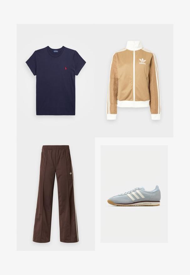 Tā tan krāsa zip-up jakas ar baltajiem akcentiem un trim baltām svītrām uz piedurknēm. Izceļas ar teksturētu aušanas dizainu uz vienas piedurknes. Adidas logo uz krūšu daļas.; Tumši zila kokvilnas T-kreklu ar īsām piedurknēm un apaļu kakla izgriezumu. Uz kreisā krūšu kabatas ir maza sarkana izšūta emblēma.; Brūnas sporta bikses ar platu kāju dizainu, baltām sānu svītrām, elastīgu jostasvietu un divām sānu kabatām. Uz kājas ir mazs logotips.; Gaiši zili zamša sporta apavi ar baltām trim svītrām, gumijas zoli un teksturētu sietu. Ietver gludu purngalu un zīmolu uz papēža.