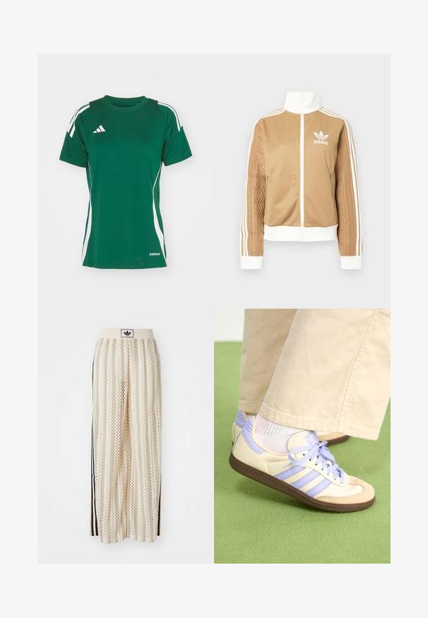 Barna, cipzáras dzseki fehér díszítésekkel és három fehér csíkkal a hajtókákon. Az egyik hajtókán texturált szövet mintázat található. Az Adidas logo a mellkason.; Zöld sportpóló, nedvességelnyelő anyagból, fehér oldalcsíkkal, kerek nyakkal és az Adidas logójával a bal felső részen.; Krém színű, széles szárú nadrág zigzag mintával, fekete logós derékrésszel és fekete oldalsávokkal. Könnyű, texturált anyag.; Krém és levendula színű sportcipők három csíkkal és texturált barna talppal, fűzőkkel és párnázott sarokkal. Puha anyagú felsőrész.