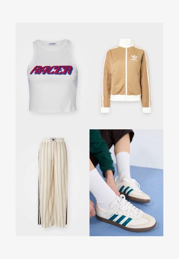 Tan zip-up jacket with white accents and three white stripes on sleeves. Features textured woven design on one sleeve. Adidas logo on chest.; White ribbed cropped tank top featuring the word "RACER" in bold red and blue lettering across the front.; Cream-colored wide-leg pants with a zigzag pattern, featuring a black logo waistband and side black stripes. Lightweight, textured fabric.; White athletic shoes with teal stripes, textured upper, and brown rubber soles. Paired with white ribbed socks.