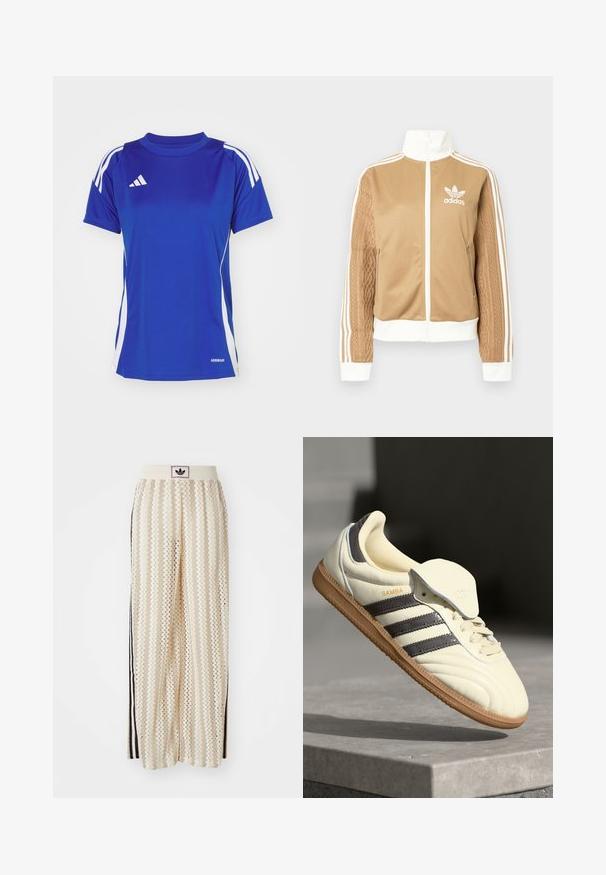 Zipper športna bunda v rjavi barvi z belimi dodatki in tremi belimi črtami na rokavih. Ima strukturiran tkaninski vzorec na enem rokavu. Adidasov logotip na prsih.; Modra športna majica s belimi črtami na ramenih, okroglim ovratnikom in oznako "AEROREADY" na robu. Narejena iz gladkega, lahkega materiala.; Hlače širokega kroja kremne barve z zigzag vzorcem, opremljene z črnim logotipom na pasu in stranskimi črnimi črtami. Lahka, teksturirana tkanina.; Kremne usnjene superge s tremi temnimi črtami, rjavim gumjastim podplatom in zaobljenim nosom. Imajo zložljiv jezik z oznako "SAMBA."