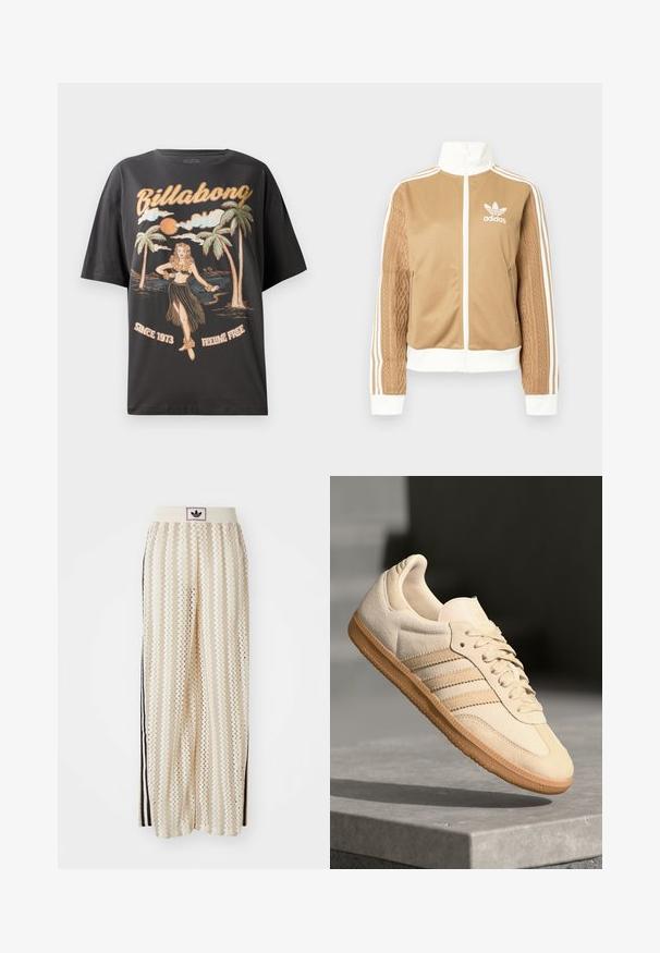 Casaco de fecho éclair em tom de bege com detalhes brancos e três riscas brancas nas mangas. Apresenta um design texturizado na trama de uma das mangas. Logotipo da Adidas no peito.; T-shirt de algodão preto com uma gráfica colorida de uma dançarina de hula, palmeiras e o texto "Billabong" em letras bold.; Calças largas de cor creme com um padrão em zigzag, apresentando uma cintura com logotipo preto e riscas laterais pretas. Tecido leve e texturizado.; Sapatilha de camurça bege clara com sola de borracha, três riscas diagonais e uma biqueira texturizada. Apresenta o logótipo na língua e na lateral.