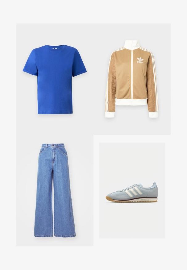 Tan zip-up jacket with white accents and three white stripes on sleeves. Features textured woven design on one sleeve. Adidas logo on chest.; Short-sleeve T-shirt in bright blue cotton, featuring a crew neckline and a smooth texture with no visible patterns or accents.; adidas Originals Straight leg jeans - light denim; Light blue suede sneaker with white three stripes, rubber sole, and textured mesh. Features a smooth toe cap and branding on the heel.
