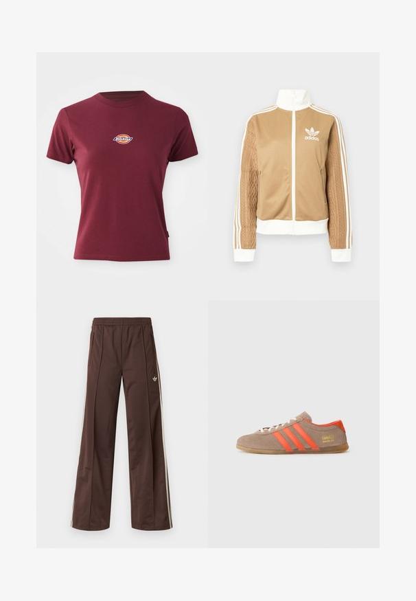 Tan zip-up jacket with white accents and three white stripes on sleeves. Features textured woven design on one sleeve. Adidas logo on chest.; Maroon short-sleeve T-shirt made of cotton with a round neckline and a small multicolored "Dickies" logo on the chest.; Brown athletic pants with a wide-leg design, white side stripes, an elastic waistband, and two side pockets. Features small logo on the leg.; Brown suede sneaker with three bright orange stripes, lace-up front, and golden "Gazelle" branding on the side. Flat gum sole.
