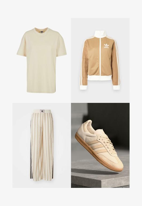 Tamni zip-up jakna s bijelim naglascima i tri bijele pruge na rukavima. Ima teksturirani tkaninski uzorak na jednom rukavu. Adidas logo na prsima.; T-shirt boje krem, s okruglim izrezom, napravljen od mekanog pamuka. Ima kratke rukave i opušteni kroj bez vidljivih uzoraka ili akcenata.; Pantalone širokog kroja krem boje s zigzag uzorkom, koji sadrži sivi pojas s crnim logotipom i bočne crne pruge. Lagani, teksturirani materijal.; Svijetlosmeđi nubuk tenisice s gumenim potplatom, tri dijagonalne pruge i teksturirani vrh. Sadrži logo na jeziku i bočnoj strani.