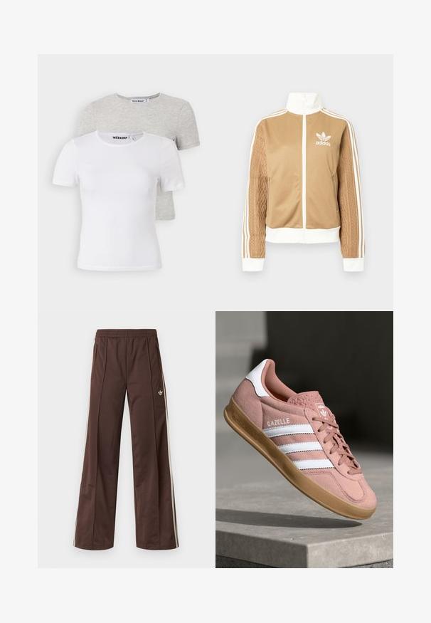 Tan-zip-Jacke mit weißen Akzenten und drei weißen Streifen an den Ärmeln. Besitzt ein strukturiertes Gewebedesign an einem Ärmel. Adidas-Logo auf der Brust.; 2er-Pack T-Shirts: eines in Weiß und eines in Hellgrau. Rundhals, kurze Ärmel, aus weichem Baumwollmix, glatte Textur, minimalistisches Design.; Braune Sporthose mit weitem Bein, weißen Seitenstreifen, elastischem Bund und zwei Seitentaschen. Mit kleinem Logo am Bein.; Rosa Wildleder-Sneaker mit weißen Streifen, Gummisohle, strukturiertem Obermaterial und Logo auf der Zunge. Klassisches Low-Top-Design.