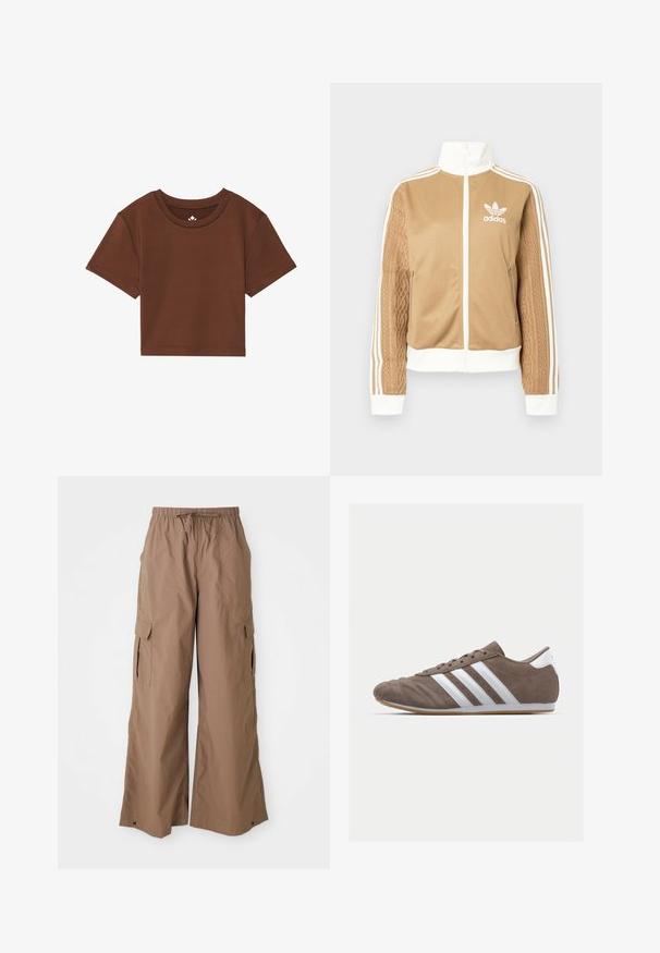 Tan-zip-Jacke mit weißen Akzenten und drei weißen Streifen an den Ärmeln. Besitzt ein strukturiertes Gewebedesign an einem Ärmel. Adidas-Logo auf der Brust.; Braunes, kurz geschnittenes T-Shirt mit rundem Ausschnitt, kurzen Ärmeln und glatter Stoffstruktur. Mit minimalem Branding am Halsausschnitt.; Braune lässige Cargo-Hosen mit Kordelzugbund und seitlichen Klappen-Taschen, weit geschnitten, vor einem weißen Hintergrund präsentiert.; Braune Wildleder-Sportschuhe mit weißen Streifen, runder Zehenform, Schnürdesign und Gummisohle. Strukturiertes Obermaterial mit Nahtdetails.
