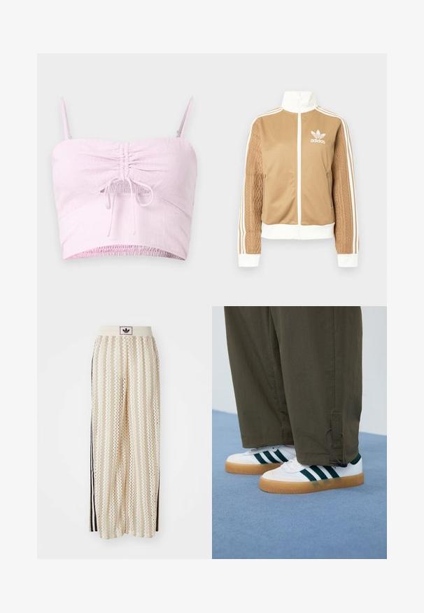 Kraevis sisekavaga jakki valgete aktsentidega ja kolme valge triibuga varrukatel. Ühel varrukal on tekstureeritud kootud muster. Adidas'i logo rinnal.; Heled roosa lühike topp reguleeritavate spagetti rihmadega, voodrilise esiosa detailiga ja elastse hemiga. Tekstureeritud kude lisab pehmust.; Kreemivärvilised lai säärega püksid, millel on siksakmustrit, must logoga vööp ja külgmised mustad triibud. Kerge, tekstureeritud kangas.; Valged tennises roheliste triipudega, kummist tallad, koos oliivroheliste kitsaste pükstega, millel on pahkluudes nöörid.
