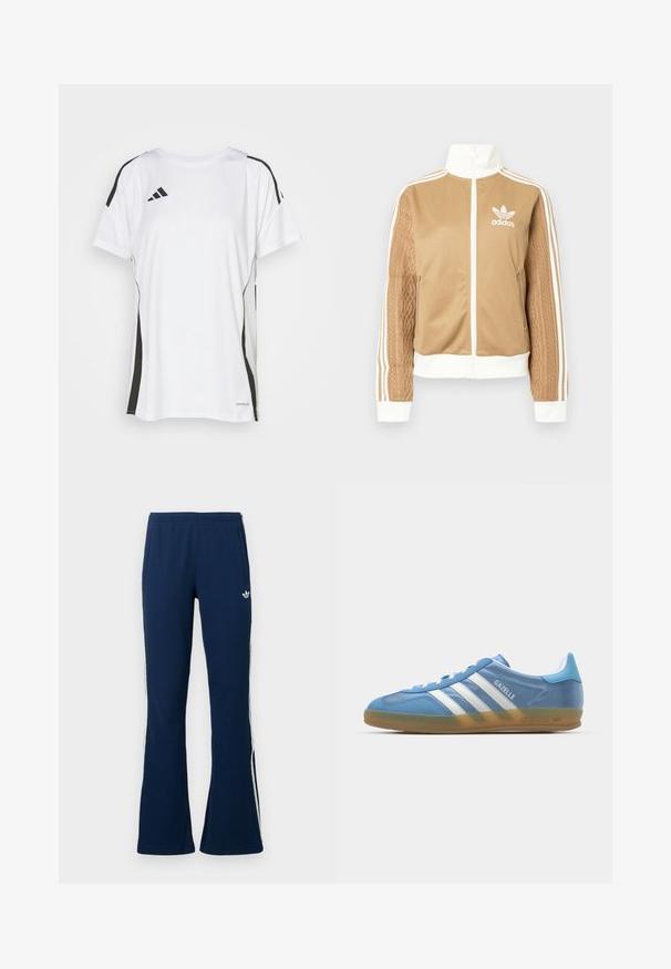 Ruda zip-up striukė su baltais akcentais ir trimis baltais dryžiais ant rankovių. Vienoje rankovėje yra tekstūruotas audinys. Adidas logotipas ant krūtinės.; Balta sportinė marškinė su juodais akcentais, trumpomis rankovėmis, apvaliu iškirpimu ir aptakiu dizainu. Su "AEROREADY" prekių ženklu.; Tamsiai mėlynos spalvos siūluotos platėjančios sportinės kelnės su baltomis juostelėmis šonuose ir siuvinėta logotipu kairėje pusėje, turi dvi šonines kišenes.; adidas Originals GAZELLE INDOOR - Sportbačiai - footwear white