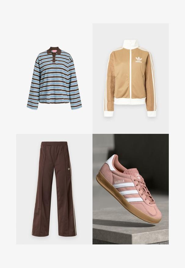 Tan zip-up jacka med vita accenter och tre vita ränder på ärmarna. Har en texturerad vävd design på en ärm. Adidas-logotyp på bröstet.; Randig långärmad polotröja i ljusblått och brunt. Har en brun krage, treknapplås och avslappnad passform. Tillverkad av bomull.; Bruna träningsbyxor med vida ben, vita sidostrippar, resår i midjan och två sidofickor. Har en liten logotyp på benet.; Rosa mockasinsneaker med vita ränder, gummisulor, texturerad ovandel och logotyp på tungan. Klassisk låg modell.