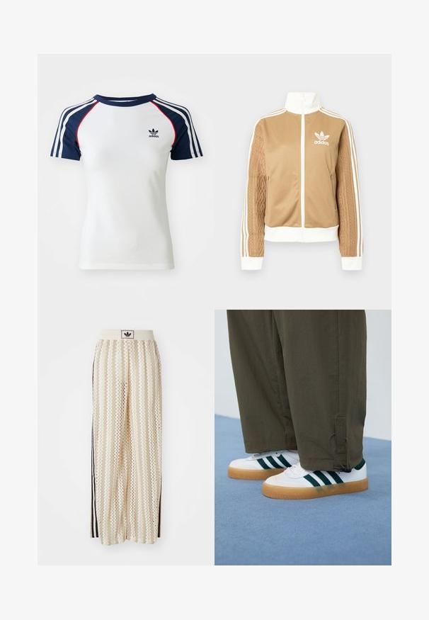 Ruda zip-up striukė su baltais akcentais ir trimis baltais dryžiais ant rankovių. Vienoje rankovėje yra tekstūruotas audinys. Adidas logotipas ant krūtinės.; Balta medvilninė marškinė su tamsiai mėlynomis raglan rankovėmis, dekoruota trimis baltomis juostelėmis ir mažu juodu Adidas logotipu krūtinėje. Raudoni akcentai.; Grietos spalvos plačios kelnės su zigzagų raštu, turinčios juodą logotipo juostą ir šonines juodas juosteles. Lengvas, tekstūruotas audinys.; Balti sportiniai bateliai su žaliais dryžiais, guminiai padukai, derinami su alyvuogių žalios spalvos, siaurėjančiomis kelnėmis su kulkšnies raišteliais.