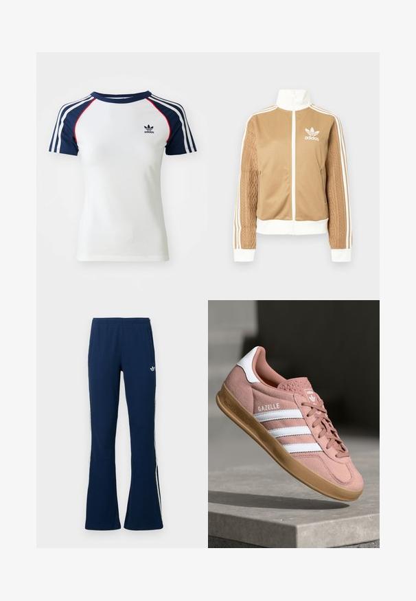 Brązowa kurtka zapinana na zamek błyskawiczny z białymi akcentami i trzema białymi paskami na rękawach. Posiada teksturowany wpleciony wzór na jednym z rękawów. Logo Adidas na klatce piersiowej.; Biała bawełniana koszulka z granatowymi rękawami raglanowymi, z trzema białymi paskami i małym czarnym logo Adidasa na klatce piersiowej. Czerwone akcenty.; Granatowe, prążkowane, rozszerzane spodnie dresowe z białymi paskami po bokach i haftowanym logo po lewej stronie, wyposażone w dwie boczne kieszenie.; Różowe zamszowe trampki z białymi paskami, gumową podeszwą, teksturowaną cholewką i logo na języku. Klasyczny niski krój.