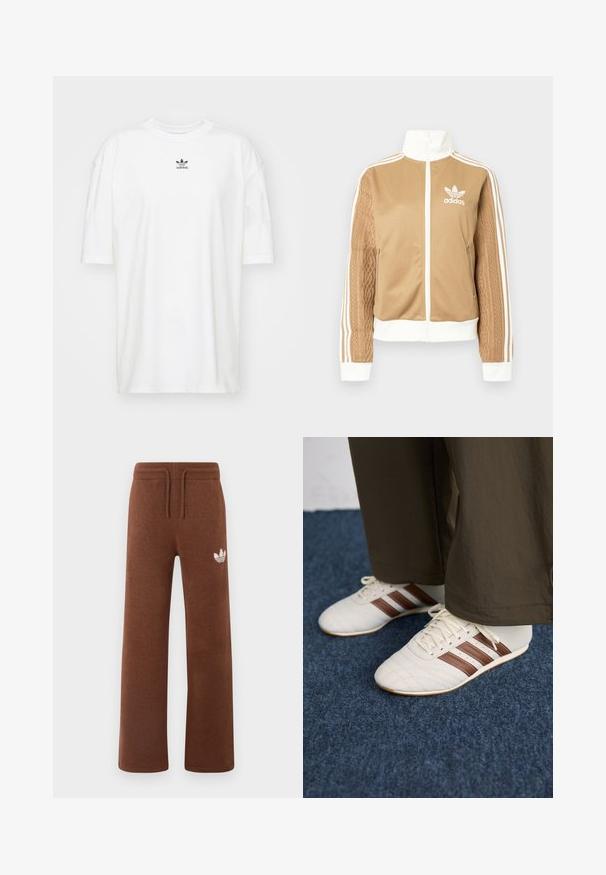 Kraevis sisekavaga jakki valgete aktsentidega ja kolme valge triibuga varrukatel. Ühel varrukal on tekstureeritud kootud muster. Adidas'i logo rinnal.; adidas Originals TEE - Lihtne T-särk - cloud white; Pruunid dressipüksid pehmes kangas, millel on relaxeeritud lõige, elastne vöökoht, nöör ja valge logo vasakul reiel.; Valged tossud pruunide triipudega, millel on seljas pruunid püksid sinisel vaibal.