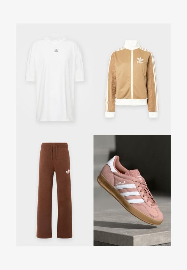 Ruda zip-up striukė su baltais akcentais ir trimis baltais dryžiais ant rankovių. Vienoje rankovėje yra tekstūruotas audinys. Adidas logotipas ant krūtinės.; adidas Originals TEE - Paprasti marškinėliai - cloud white; Rudos sportinės kelnės iš minkštos medžiagos, laisvo kirpimo, su elastingu juosmeniu, raišteliu ir baltu logotipu kairiajame šlaunyje.; Rožiniai zomšiniai sportbačiai su baltais dryžiais, guminėmis apatine dalimi, tekstūruotu viršumi ir logotipu ant liežuvėlio. Klasikinis žemas dizainas.