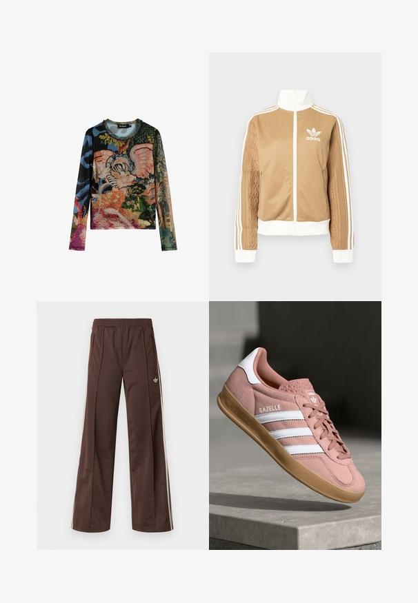 Tan zip-up jacka med vita accenter och tre vita ränder på ärmarna. Har en texturerad vävd design på en ärm. Adidas-logotyp på bröstet.; Långärmad topp med ett livligt blandat mönster av blommor och abstrakta designer. Tillverkad av texturerat tyg med rund halsringning.; Bruna träningsbyxor med vida ben, vita sidostrippar, resår i midjan och två sidofickor. Har en liten logotyp på benet.; Rosa mockasinsneaker med vita ränder, gummisulor, texturerad ovandel och logotyp på tungan. Klassisk låg modell.