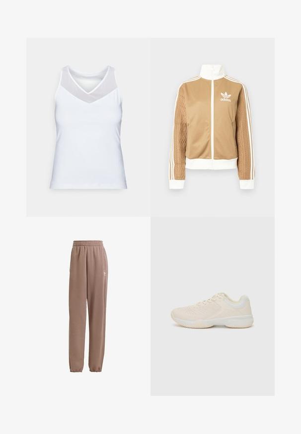 Tan zip-up jacket with white accents and three white stripes on sleeves. Features textured woven design on one sleeve. Adidas logo on chest.; White tank top made of smooth fabric, featuring a V-neckline with sheer mesh detailing on the shoulders. Simple and fitted design.; Brown sweatpants made of soft fabric, featuring an elastic waistband, side pockets, and elastic cuffs, with a white logo accent.; Light beige athletic shoe with a textured upper, contrasting white accents, a round toe, and a flexible rubber sole.
