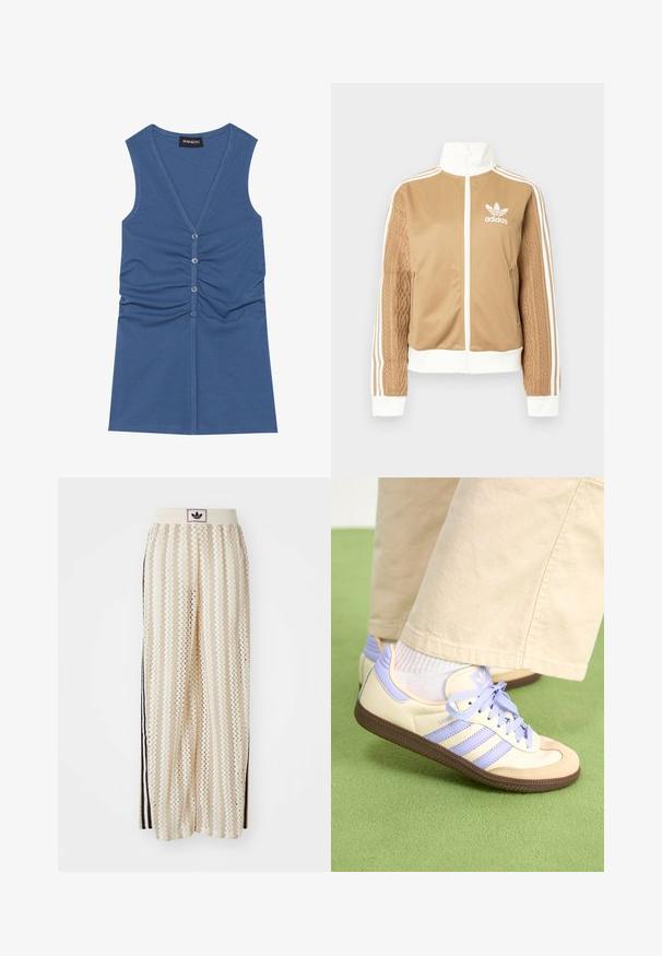 Tan zip-up jakke med hvide accenter og tre hvide striber på ærmerne. Har et tekstureret, vævet design på det ene ærme. Adidas-logo på brystet.; Blå ærmeløs top lavet af blødt stof, med en dyb V-hals, knaplukning og samlede detaljer foran.; Cremefarvede bukser med vidde, der har et zigzag-mønster, med en sort logoelastik i taljen og sorte striber på siden. Letvægtigt, tekstureret stof.; Creme og lavendel sneakers med tre striber og en tekstureret brun sål, der har snørebånd og en polstret hæl. Blødt stof øvre.