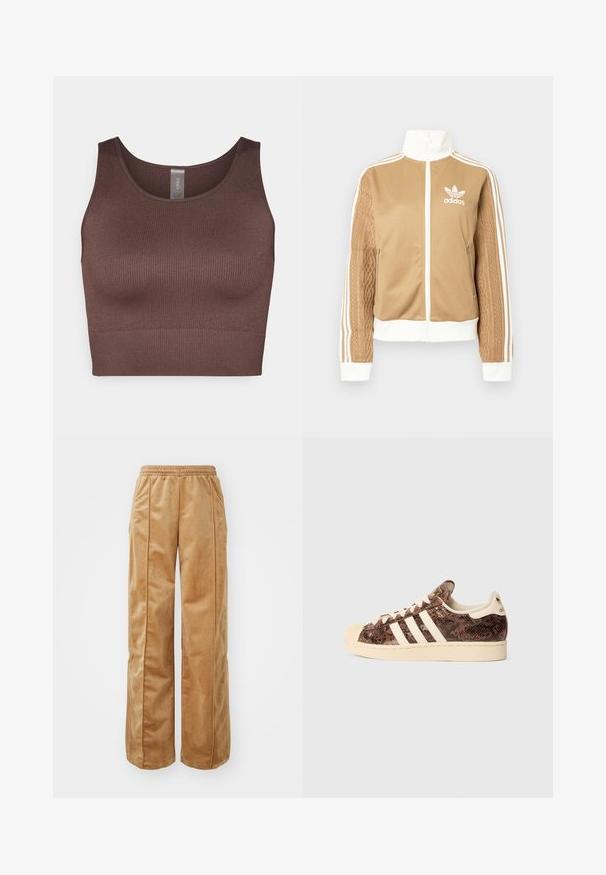 Tan zip-up jacket with white accents and three white stripes on sleeves. Features textured woven design on one sleeve. Adidas logo on chest.; Brown ribbed crop top with a round neckline and wide straps. Made of stretchy fabric, featuring a seamless design and a smooth texture.; Tan wide-leg pants made of soft, velvety material. Features an elastic waistband and vertical seams along the front for added detail.; Brown snake-print sneaker with white stripes and cream accents. Features a rounded toe, textured upper, and soft interior lining.