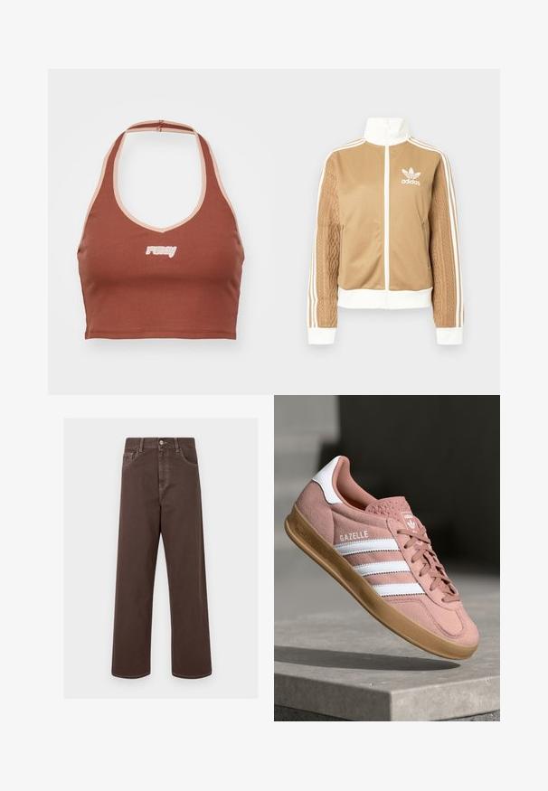 Tan zip-up takki, jossa on valkoisia yksityiskohtia ja kolme valkoista raitaa hihoissa. Yhdellä hihalla on texturoitu kudontasuunnittelu. Adidas-logo rinnassa.; Ruskea ribattu lyhyt toppi, jossa on halterneck-muotoilu, vaaleanpunaiset yksityiskohdat, ja edessä valkoisella brodeerattu "ruby" -logo.; Ruskeat leveät farkut erottuvalla ompelella, viisi taskua ja metallinappikiinnitys. Suora leikkaus ja sileä pinta.; Vaaleanpunaiset mokkasneakerit valkoisilla raidoilla, kuminen pohja, teksturoitu yläosa ja logo kielessä. Klassinen matala malli.