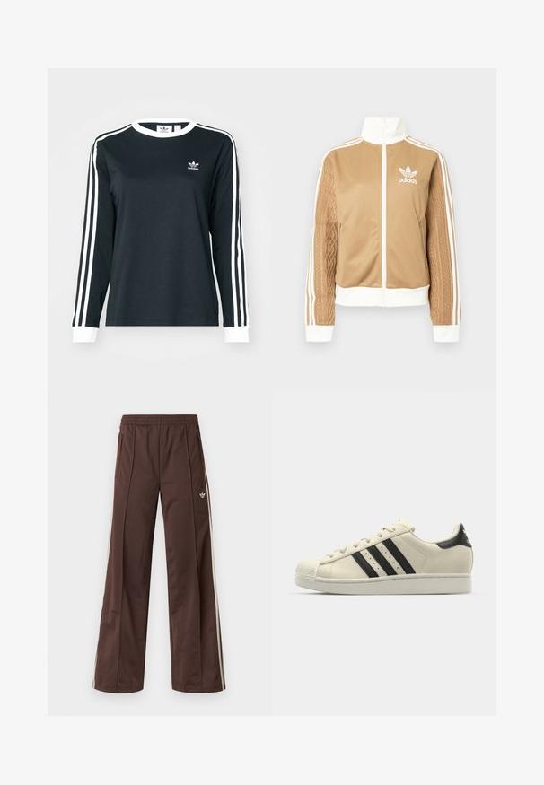 Kraevis sisekavaga jakki valgete aktsentidega ja kolme valge triibuga varrukatel. Ühel varrukal on tekstureeritud kootud muster. Adidas'i logo rinnal.; Mustad must sleevesiga must särk valgete detailidega, ümar kaelus ja igal varrukal kolm valget triipu. Väike logo rinnal.; Pruunid sportpüksid laiade säärtega, valgete küljeribadega, elastse vöökohaga ja kahe küljetaskuga. Jalal on väike logo.; Valged nahast spordijalatsid mustade triipudega, ümmarguse varbaga, kummist tallaga, tekstuuriga pealmise osaga ja nööpimise süsteemiga. Omab logo kandadel.