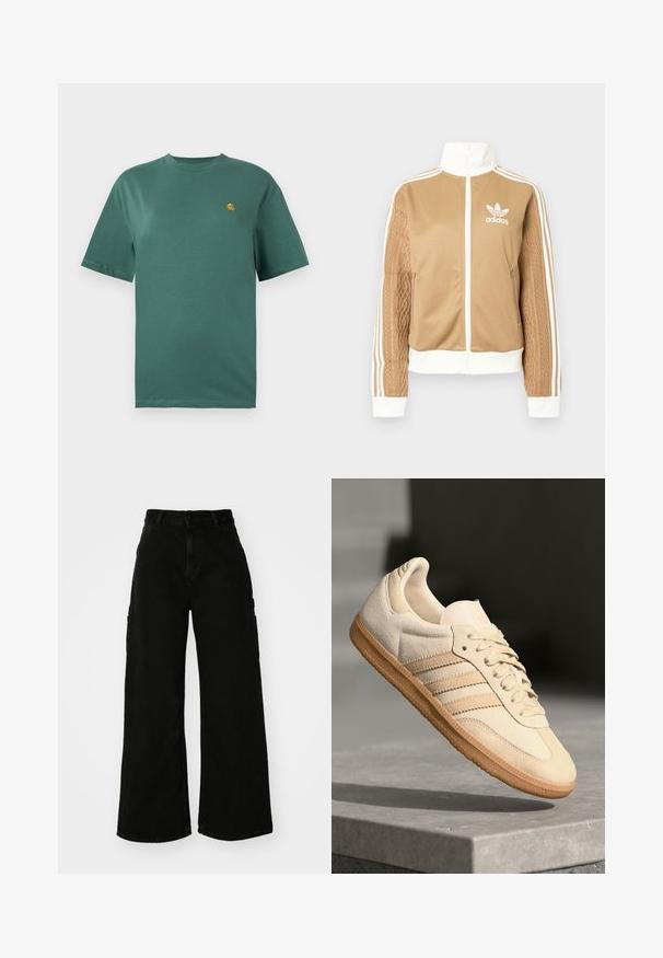 Tan zip-up jack met witte accenten en drie witte strepen op de mouwen. Heeft een gestructureerd geweven ontwerp op één mouw. Adidas-logo op de borst.; Tegenover een teal katoen T-shirt met korte mouwen, een ronde hals en een klein geel logo op de linkerborst. Zachte textuur en een ontspannen pasvorm.; Zwarte wijde cargobroek van denim, met een hoge taille, sluiting met een knop aan de voorkant en zijzakken. Gladde textuur met minimale stiksels.; Lichtbeige suède sneaker met een gumrubberen buitenzool, drie diagonale strepen en een textuur op de neus. Voorzien van een logo op de tong en de zijkant.