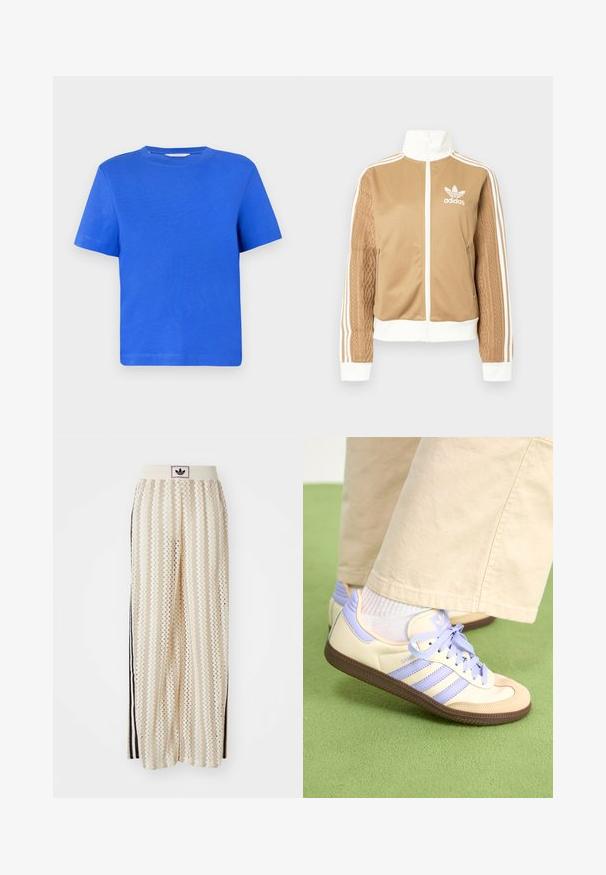 Tan zip-up jacket with white accents and three white stripes on sleeves. Features textured woven design on one sleeve. Adidas logo on chest.; Blue short-sleeve t-shirt made of cotton. Features a crew neckline and a simple, solid color design. Smooth texture, relaxed fit.; Cream-colored wide-leg pants with a zigzag pattern, featuring a black logo waistband and side black stripes. Lightweight, textured fabric.; Cream and lavender sneakers with three stripes and a textured brown sole, featuring laces and a padded heel. Soft fabric upper.