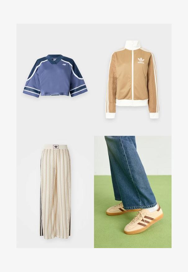 Ruda zip-up striukė su baltais akcentais ir trimis baltais dryžiais ant rankovių. Vienoje rankovėje yra tekstūruotas audinys. Adidas logotipas ant krūtinės.; Tamsiai mėlynas trumpas džersis su trumpomis rankovėmis, turintis V formos iškirptę, tinklelio audinį ir kontrastingas baltas bei tamsiai mėlynas juostas ant rankovių.; Grietos spalvos plačios kelnės su zigzagų raštu, turinčios juodą logotipo juostą ir šonines juodas juosteles. Lengvas, tekstūruotas audinys.; Bežiniai sportbačiai su tekstūruotais grietinėlės spalvos paneliais ir rudiems dryžiais, derinami su mėlynu džinsiniu džinsų komplektu. Džinsai turi plačias kojas ir nusidėvėjusį apatinį kraštą.
