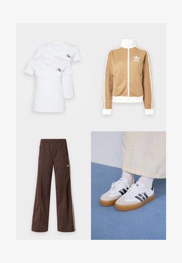 Jachetă zip-up de culoare bej cu accente albe și trei dungi albe pe mâneci. Prezintă un design țesut texturat pe o mânecă. Logo-ul Adidas pe piept.; Tricouri albe din bumbac, cu mânecă scurtă și guler în V, cu un design ajustat. Prezintă logo-ul Calvin Klein Jeans în negru pe partea stângă a pieptului. Material moale din bumbac.; Pantaloni atletici maro cu design cu picior larg, dungi laterale albe, talie elastică și două buzunare laterale. Prezintă un logo mic pe picior.; Adidași albi cu dungi negre și accente din suede bej. Au talpă din cauciuc texturat și șireturi albe plate, purtați cu șosete de culori deschise.