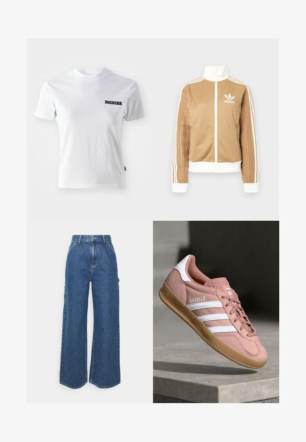 Chaqueta con cremallera en tono marrón y acentos en blanco, con tres rayas blancas en las mangas. Presenta un diseño texturizado tejido en una de las mangas. Logo de Adidas en el pecho.; Camiseta blanca de manga corta hecha de algodón con cuello redondo y logo negro de "DICKIES" en la parte izquierda del pecho. Textura suave y diseño ajustado.; Pantalones vaqueros de pierna ancha en azul con cintura alta, costuras en contraste y bolsillos laterales, que cuentan con un diseño clásico de cinco bolsillos y dobladillos sin rematar.; Zapatilla de ante rosa con rayas blancas, suela de goma, upper texturizado y logo en la lengua. Diseño clásico de corte bajo.