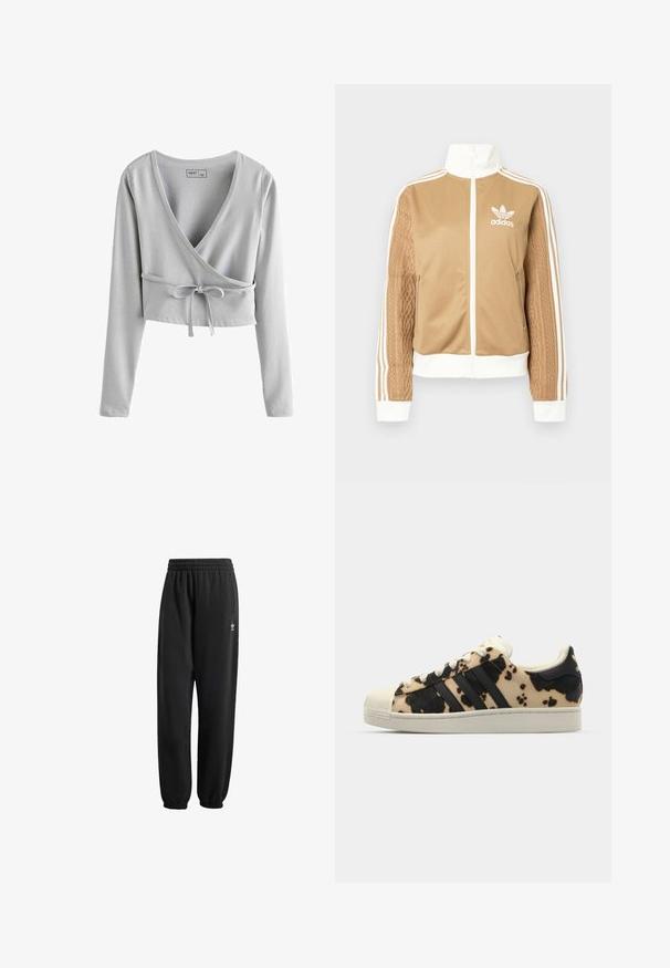 Tan zip-up jacket with white accents and three white stripes on sleeves. Features textured woven design on one sleeve. Adidas logo on chest.; Gray cropped long-sleeve top with a deep V-neck, wrap design, and a tie detail at the waist. Soft material with a smooth texture.; Black sweatpants made of soft, textured fabric. Features an elastic waistband, cuffs, and a small white logo near the hip.; Sneaker with cowhide pattern in beige and black, three black stripes, white rubber toe cap, and textured sole. Features laces and branding.