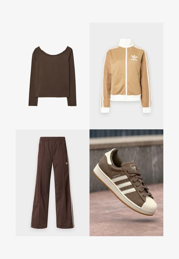 Tan zip-up jakke med hvide accenter og tre hvide striber på ærmerne. Har et tekstureret, vævet design på det ene ærme. Adidas-logo på brystet.; Brun langærmet top med bred halsudskæring, lavet af blødt materiale, med en afslappet pasform og minimale sømme for en glat silhuet.; Brune atletiske bukser med vidde ben, hvide striber på siden, elastisk linning og to sidelommer. Har et lille logo på benet.; Brune ruskinds sneakers med hvide striber, cremefarvede detaljer og gummiskal tå. Har snørebåndsdesign og struktureret gummisål.