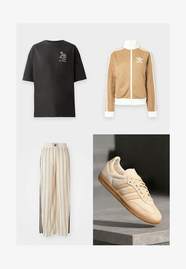 Tan zip-up jacka med vita accenter och tre vita ränder på ärmarna. Har en texturerad vävd design på en ärm. Adidas-logotyp på bröstet.; Svart kortärmad t-shirt med en liten vit Billabong-logga och grafik på bröstet. Tillverkad av mjuk bomull med en avslappnad passform.; Krämfärgade vida byxor med ett zick-zack-mönster, med en svart logoband och svarta sidostråk. Lätt och strukturerad tyg.; Ljusbeige mockasneaker med gummisula, tre diagonala ränder och en texturerad tåhuvud. Har logotyp på tungan och sidan.