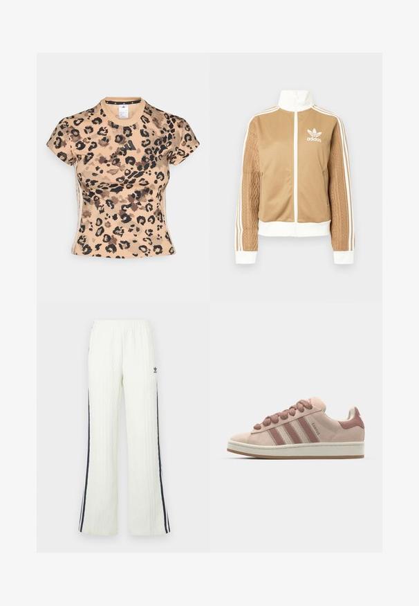 Casaco de fecho éclair em tom de bege com detalhes brancos e três riscas brancas nas mangas. Apresenta um design texturizado na trama de uma das mangas. Logotipo da Adidas no peito.; adidas Sportswear TEE - T-shirt estampada - multicolor/warm sandstone; Calças em malha grossa de cor creme clara, com design flare. Apresentam riscas laterais azul-escuro e um logótipo da Adidas na anca. Cintura elástica.; Tênis de camurça cor-de-rosa com três riscas em rosa mais escuro, atacadores redondos e uma entressola branca. Projetados com um colarinho acolchoado para maior conforto.