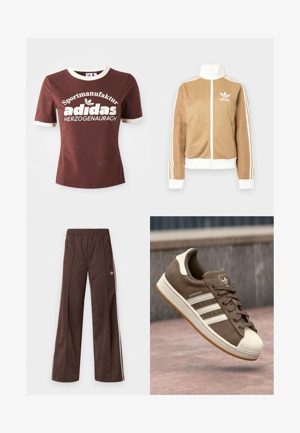 Casaco de fecho éclair em tom de bege com detalhes brancos e três riscas brancas nas mangas. Apresenta um design texturizado na trama de uma das mangas. Logotipo da Adidas no peito.; T-shirt castanho de manga curta com colarinho e punhos creme. Apresenta um grande texto branco que diz "Sportmanufactur adidas Herzogenaurach."; Calças desportivas castanhas com design de perna larga, riscas laterais brancas, cintura elástica e dois bolsos laterais. Apresentam um pequeno logótipo na perna.; Sapatilha de camurça castanha com riscas brancas, detalhes em creme e biqueira de borracha. Apresenta um design com atacadores e sola de borracha texturizada.