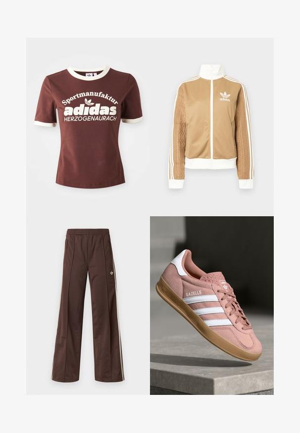 Kraevis sisekavaga jakki valgete aktsentidega ja kolme valge triibuga varrukatel. Ühel varrukal on tekstureeritud kootud muster. Adidas'i logo rinnal.; Pruun lühikeste varrukatega T-särk, millel on kreemivärvi krae ja varrukate ääred. Tootees on suur valge tekst, mis ütleb "Sportmanufactur adidas Herzogenaurach."; Pruunid sportpüksid laiade säärtega, valgete küljeribadega, elastse vöökohaga ja kahe küljetaskuga. Jalal on väike logo.; Roosa sametist toss, millel on valged triibud, kummist põhi, tekstuuriga pealis ja logo keelel. Klassikaline madal disain.