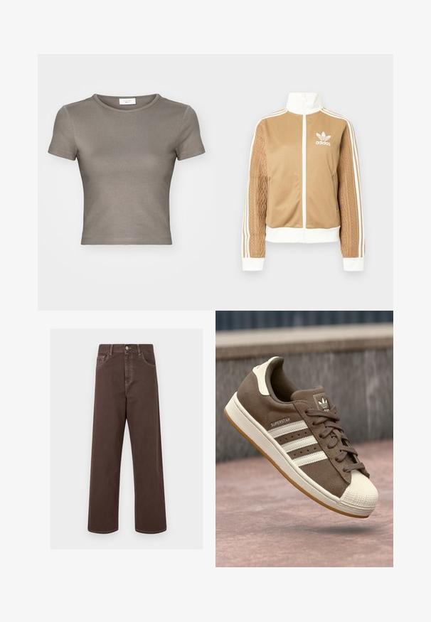 Tā tan krāsa zip-up jakas ar baltajiem akcentiem un trim baltām svītrām uz piedurknēm. Izceļas ar teksturētu aušanas dizainu uz vienas piedurknes. Adidas logo uz krūšu daļas.; Kratkās piedurknes, apaļā dekoltē T-kreklā khaki krāsā, izgatavots no gludas kokvilnas. Iezīmējas ar pieguļošu dizainu un smalku šuvumu gar apakšmalu un piedurknēm.; Brūnas platās denima bikses ar kontrastējošiem šuvēm, piecām kabatām un metāla pogu aizdari. Gluda tekstūra, taisna griezuma.; Brūni zamšādas sporta apavi ar baltām svītrām, krēmkrāsas akcentiem un gumijas purngalu. Piedāvā saistīšanas dizainu un teksturētu gumijas zoli.