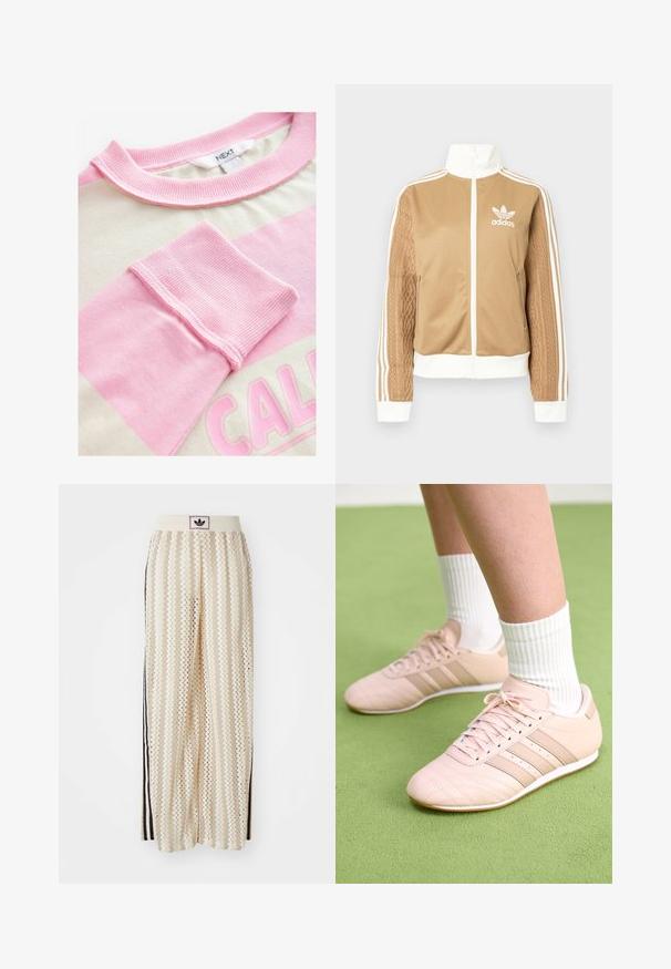 Tā tan krāsa zip-up jakas ar baltajiem akcentiem un trim baltām svītrām uz piedurknēm. Izceļas ar teksturētu aušanas dizainu uz vienas piedurknes. Adidas logo uz krūšu daļas.; Kratkām piedurknēm tops ar krēmkrāsas daļu un rozā horizontālām svītrām. Ribota apkakle un aproces, ar grafisku uzdruku gaiši rozā krāsā.; Krēmbalti plaša piegriezuma bikses ar zigzaga rakstu, ar melnu logotipa jostu un melnām sānu svītrām. Viegls, teksturēts audums.; Gaiši rozā sporta apavi ar diagonālu šuvju, baltām zolēm un trim sānu strīpām. Valkāti ar ribotām baltām zeķēm uz zaļas virsmas.