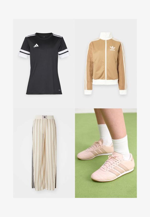 Chaqueta con cremallera en tono marrón y acentos en blanco, con tres rayas blancas en las mangas. Presenta un diseño texturizado tejido en una de las mangas. Logo de Adidas en el pecho.; Camiseta deportiva negra con detalles en blanco y tres franjas horizontales en las mangas. Fabricada con un tejido que absorbe la humedad, diseñada para uso atlético.; Pantalones de pierna ancha en color crema con un patrón en zigzag, que cuentan con una cinturilla con logo negro y franjas negras en los laterales. Tejido ligero y texturizado.; Zapatillas deportivas rosa claro con costuras diagonales, suelas blancas y tres rayas laterales. Llevadas con calcetines blancos con canalé sobre una superficie verde.